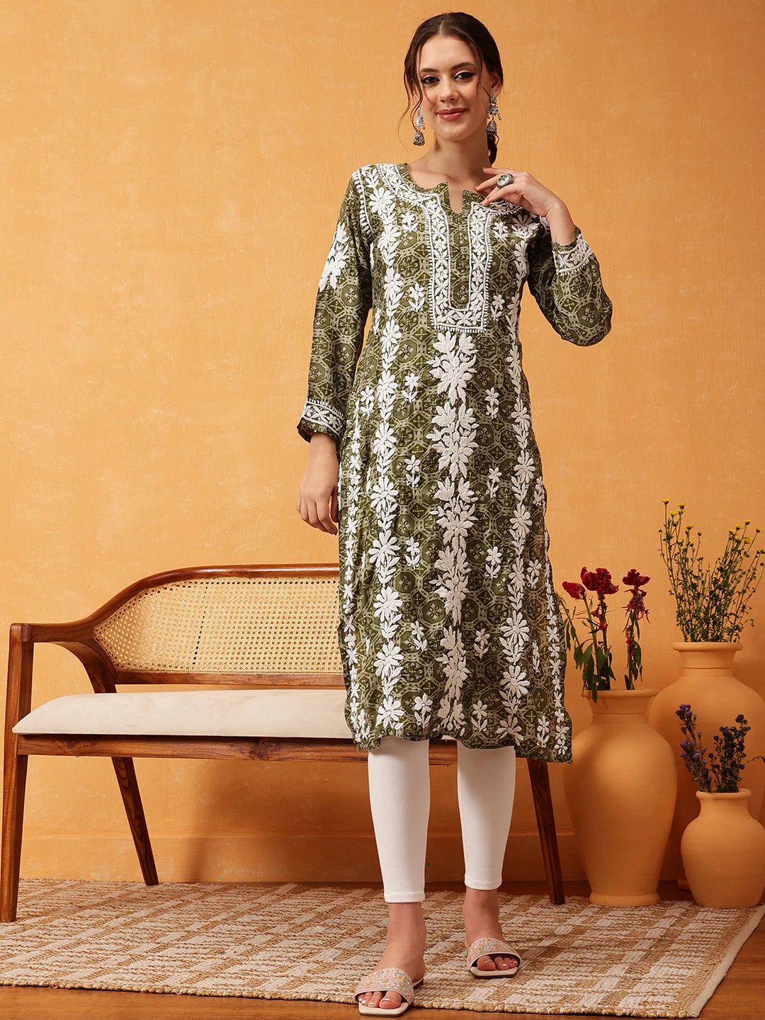 Ada Hand Embroidered Printed Green Chanderi Lucknowi Chikankari Straight Kurta A411575