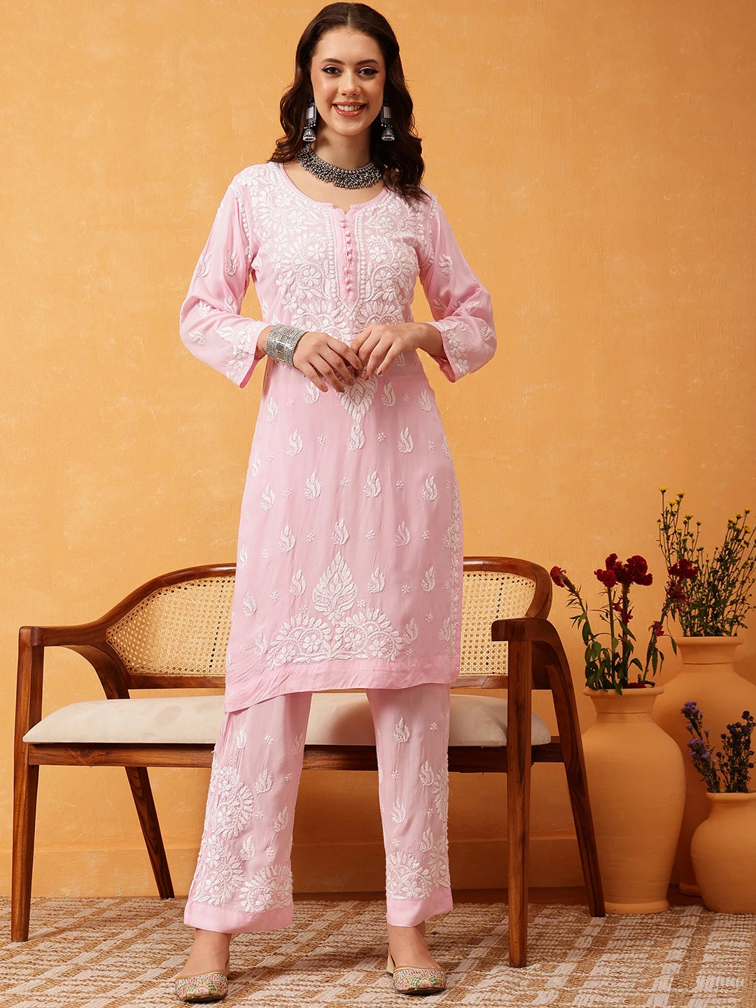 Ada Hand Embroidered Baby Pink Modal Lucknowi Chikankari Co-ord Set A811282