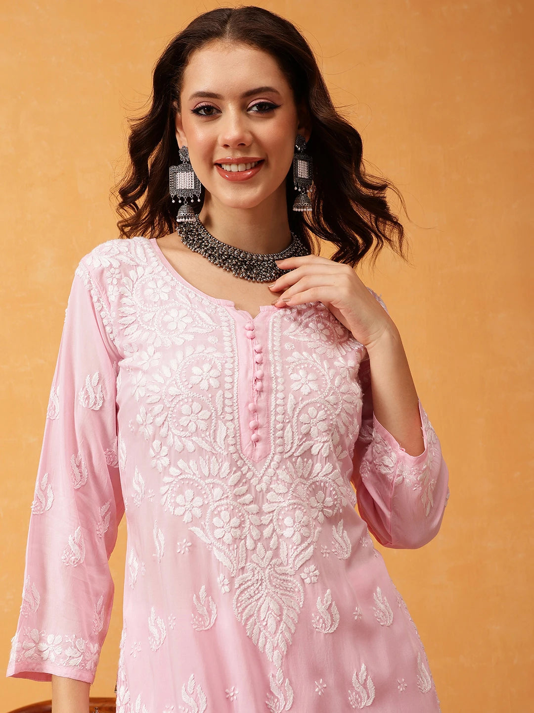 Ada Hand Embroidered Baby Pink Modal Lucknowi Chikankari Co-ord Set A811282