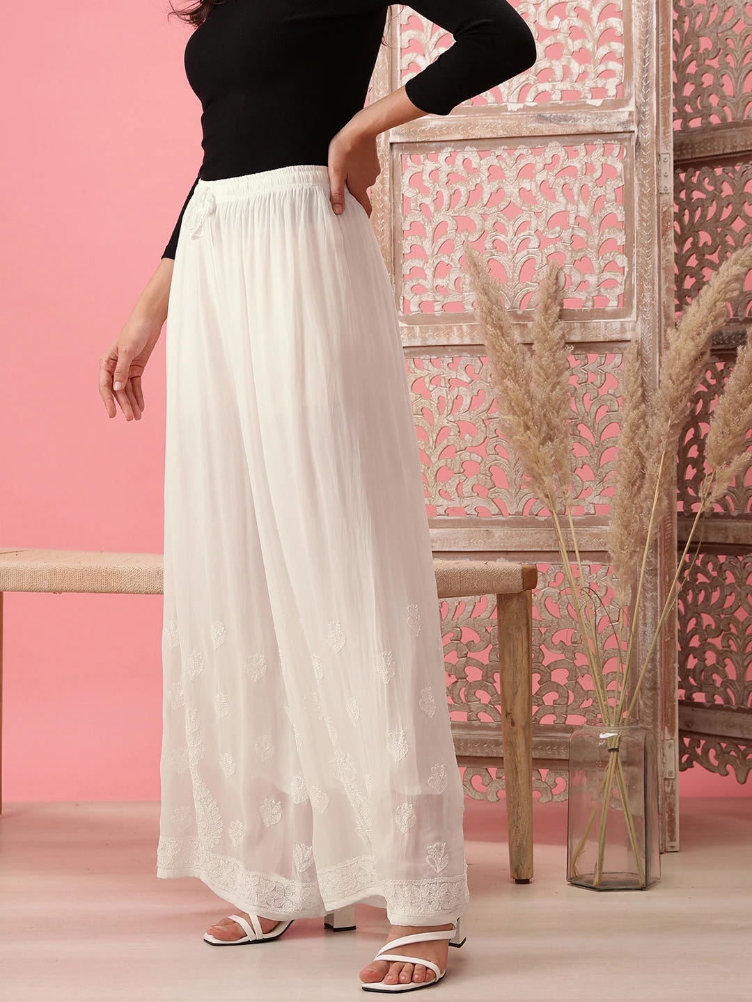 Ada Hand Embroidered White Viscose Georgette Lucknowi Chikankari Palazzo A711184