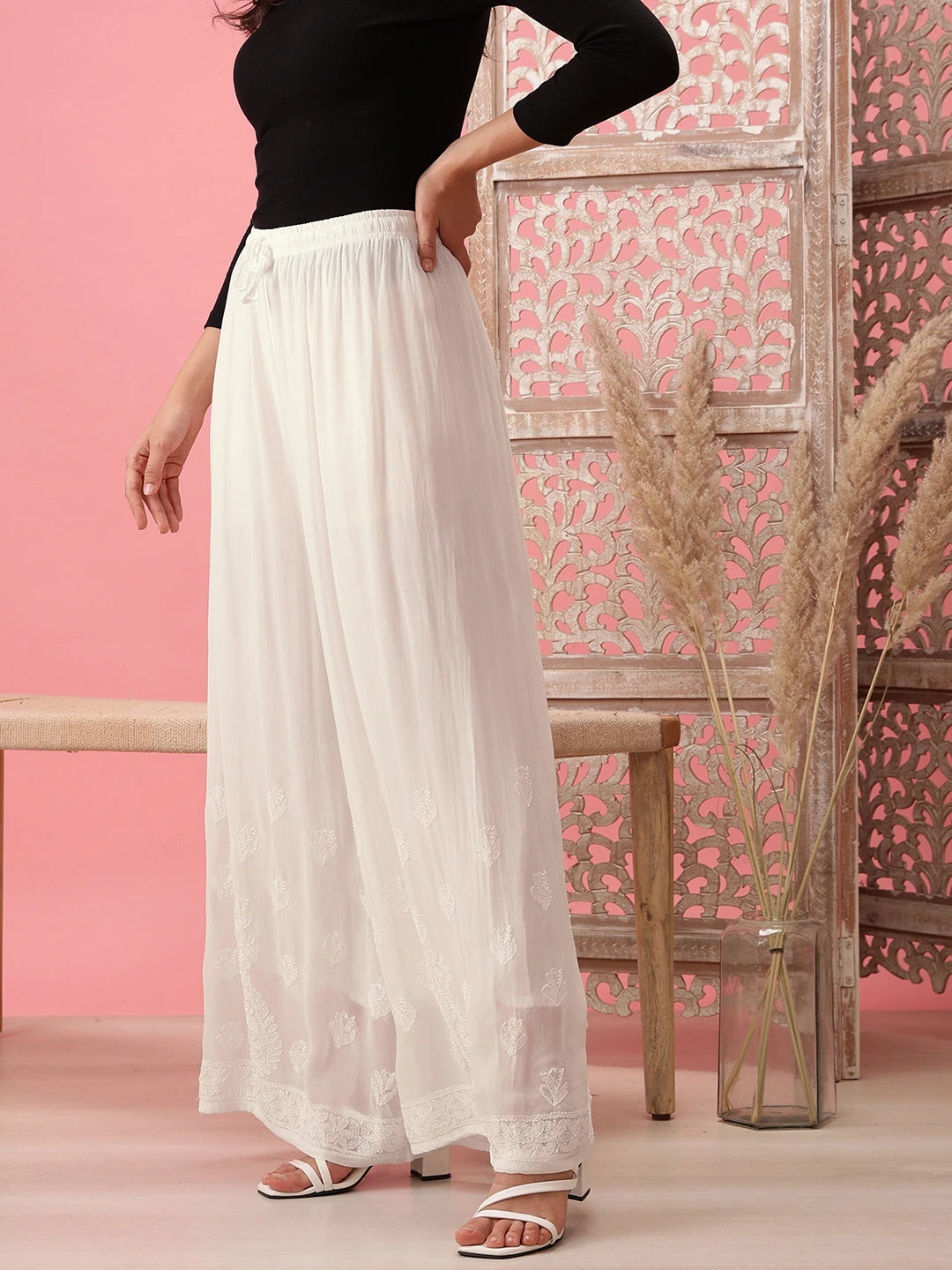 Ada Hand Embroidered White Viscose Georgette Lucknowi Chikankari Palazzo A711184