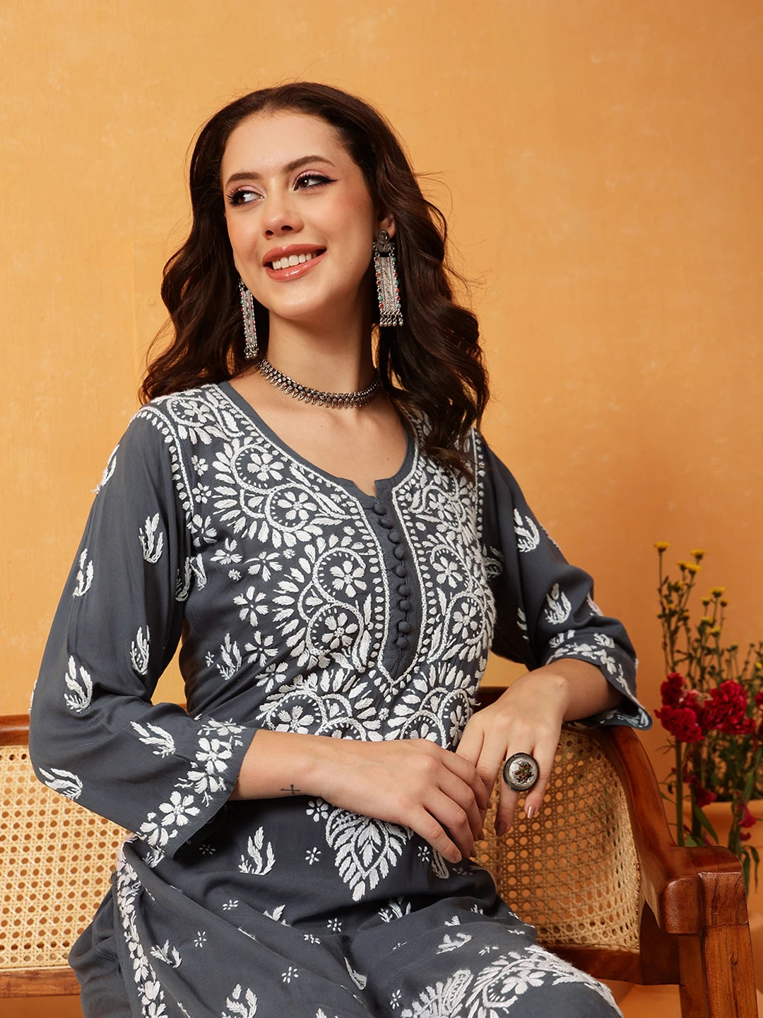 Ada Hand Embroidered Grey Modal Lucknowi Chikankari Co-ord Set A811288