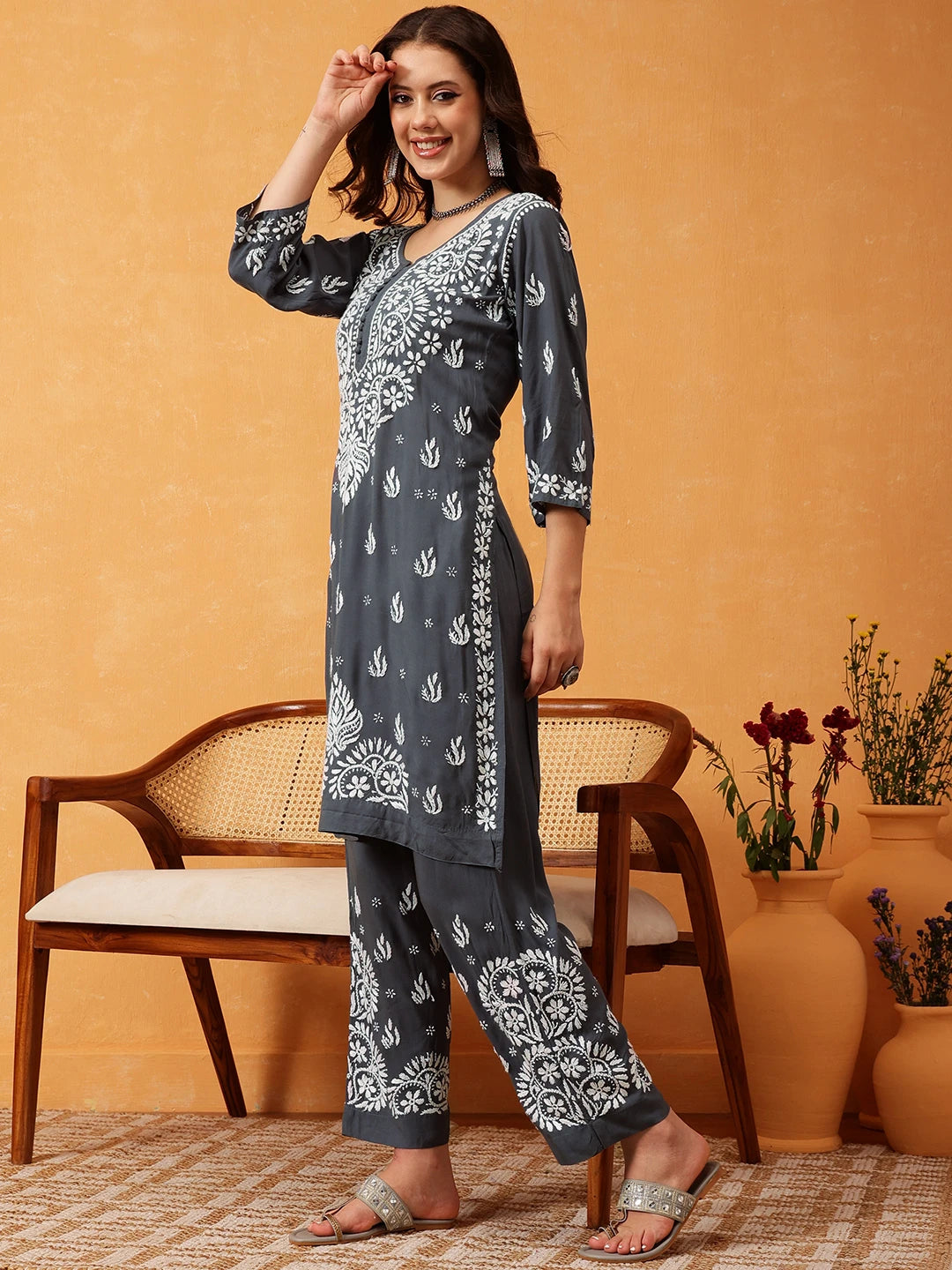 Ada Hand Embroidered Grey Modal Lucknowi Chikankari Co-ord Set A811288