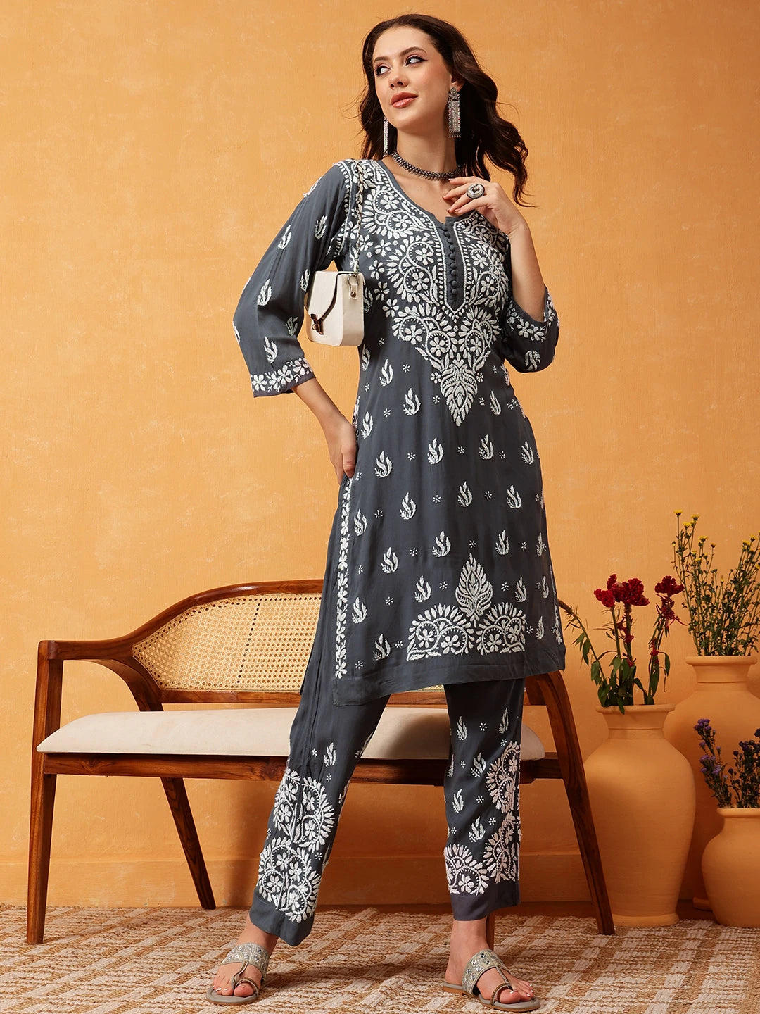 Ada Hand Embroidered Grey Modal Lucknowi Chikankari Co-ord Set A811288