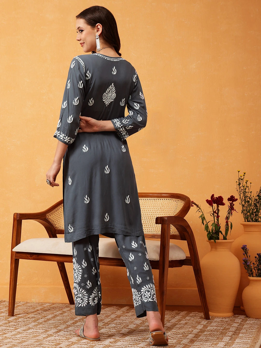Ada Hand Embroidered Grey Modal Lucknowi Chikankari Co-ord Set A811288