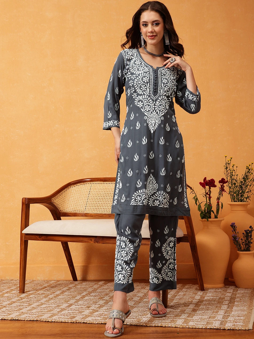 Ada Hand Embroidered Grey Modal Lucknowi Chikankari Co-ord Set A811288
