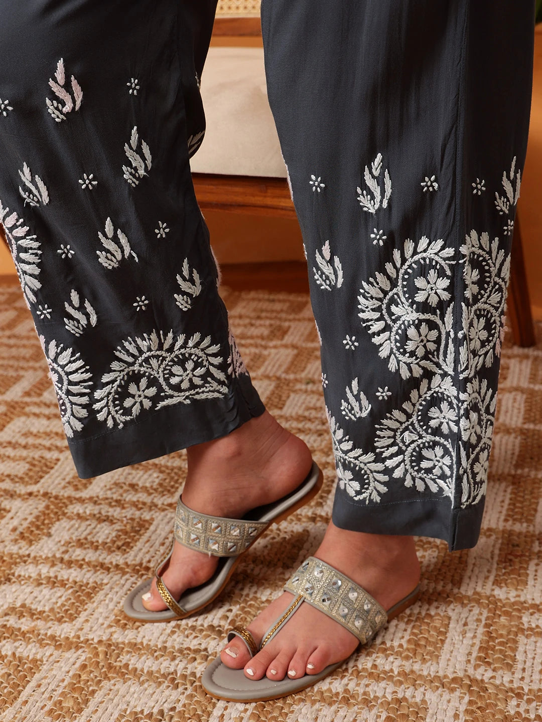 Ada Hand Embroidered Grey Modal Lucknowi Chikankari Co-ord Set A811288