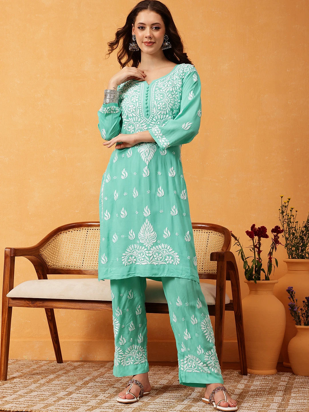 Ada Hand Embroidered Sea Green Modal Lucknowi Chikankari Co-ord Set A811285