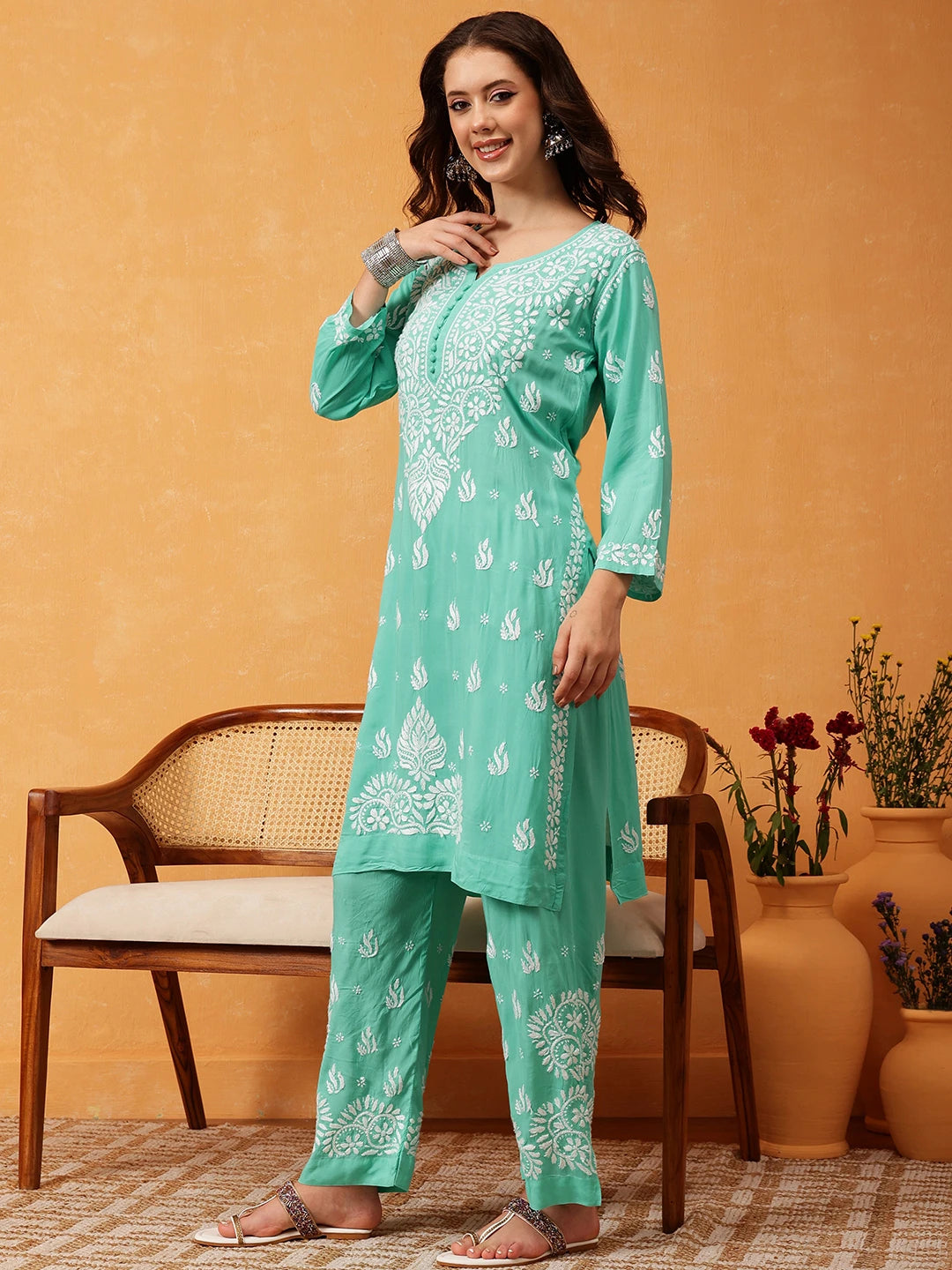 Ada Hand Embroidered Sea Green Modal Lucknowi Chikankari Co-ord Set A811285