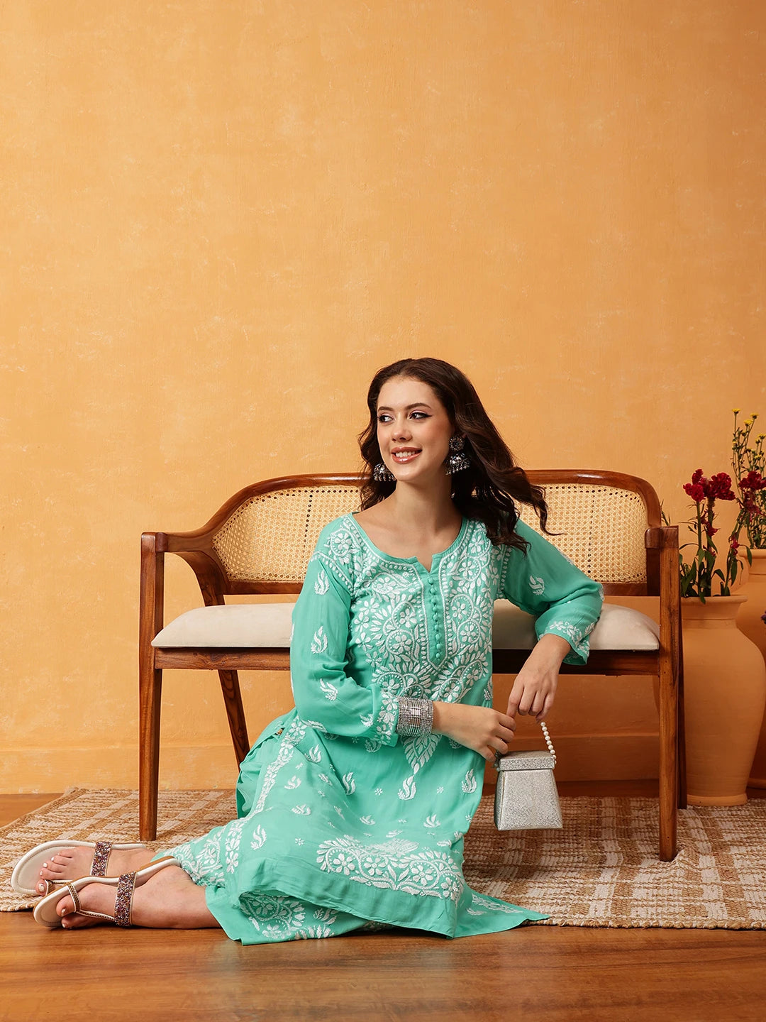 Ada Hand Embroidered Sea Green Modal Lucknowi Chikankari Co-ord Set A811285