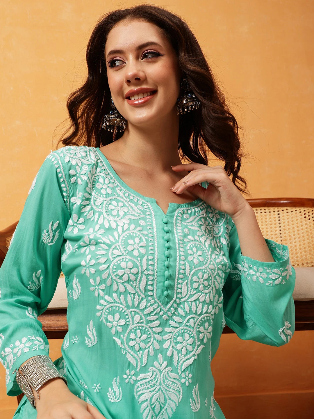 Ada Hand Embroidered Sea Green Modal Lucknowi Chikankari Co-ord Set A811285