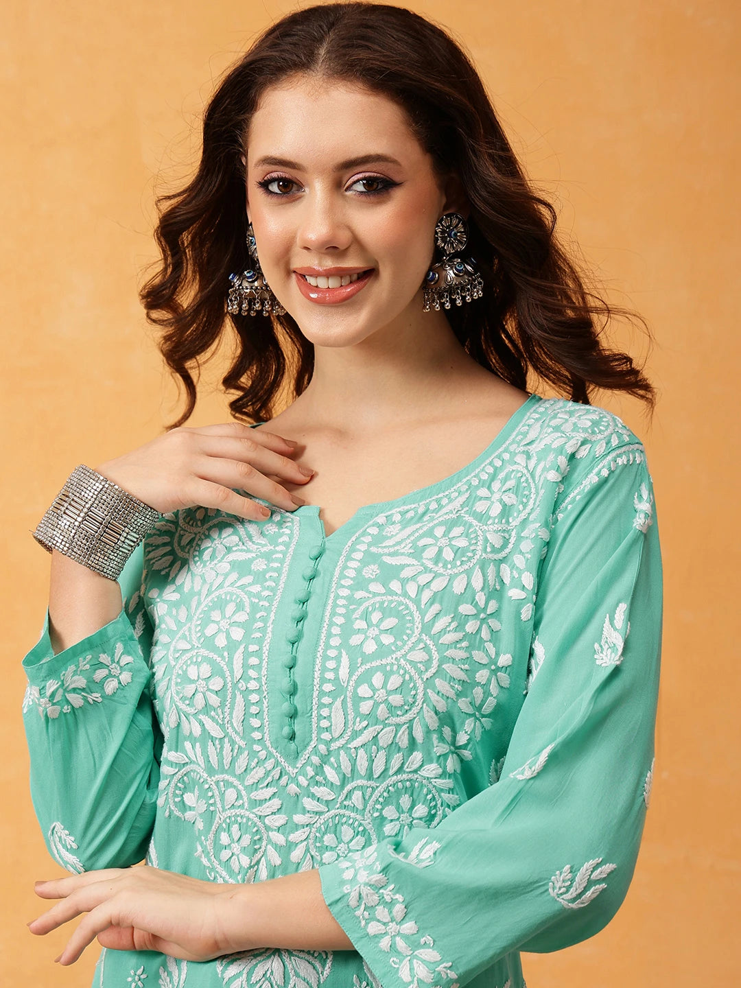 Ada Hand Embroidered Sea Green Modal Lucknowi Chikankari Co-ord Set A811285