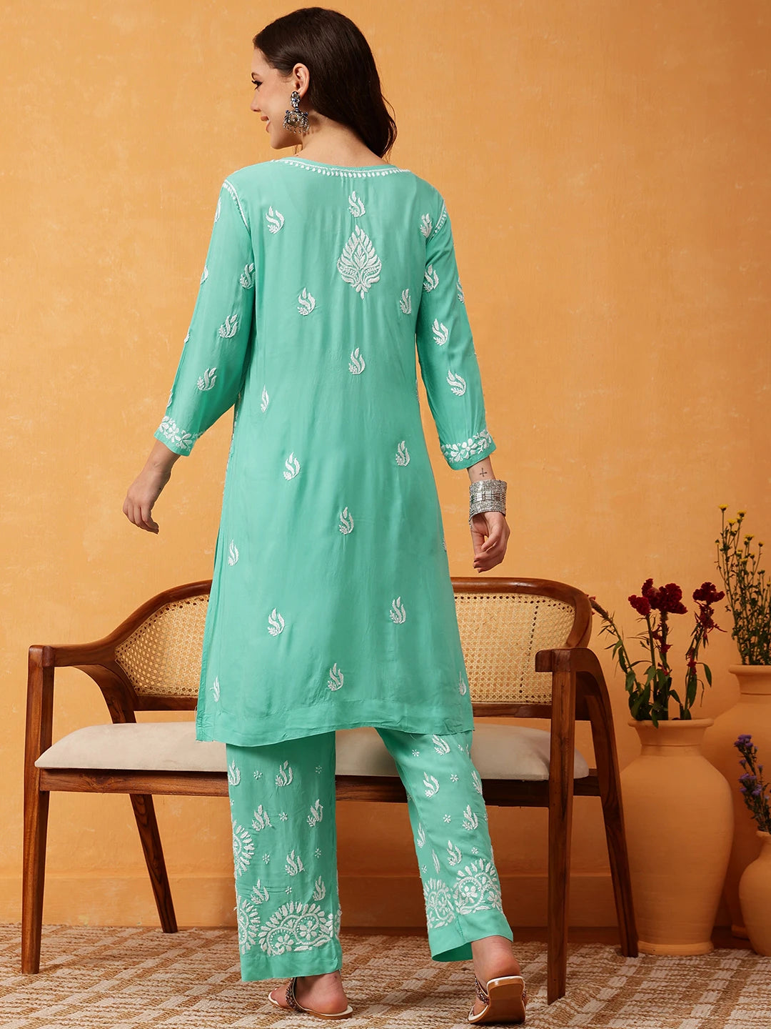 Ada Hand Embroidered Sea Green Modal Lucknowi Chikankari Co-ord Set A811285