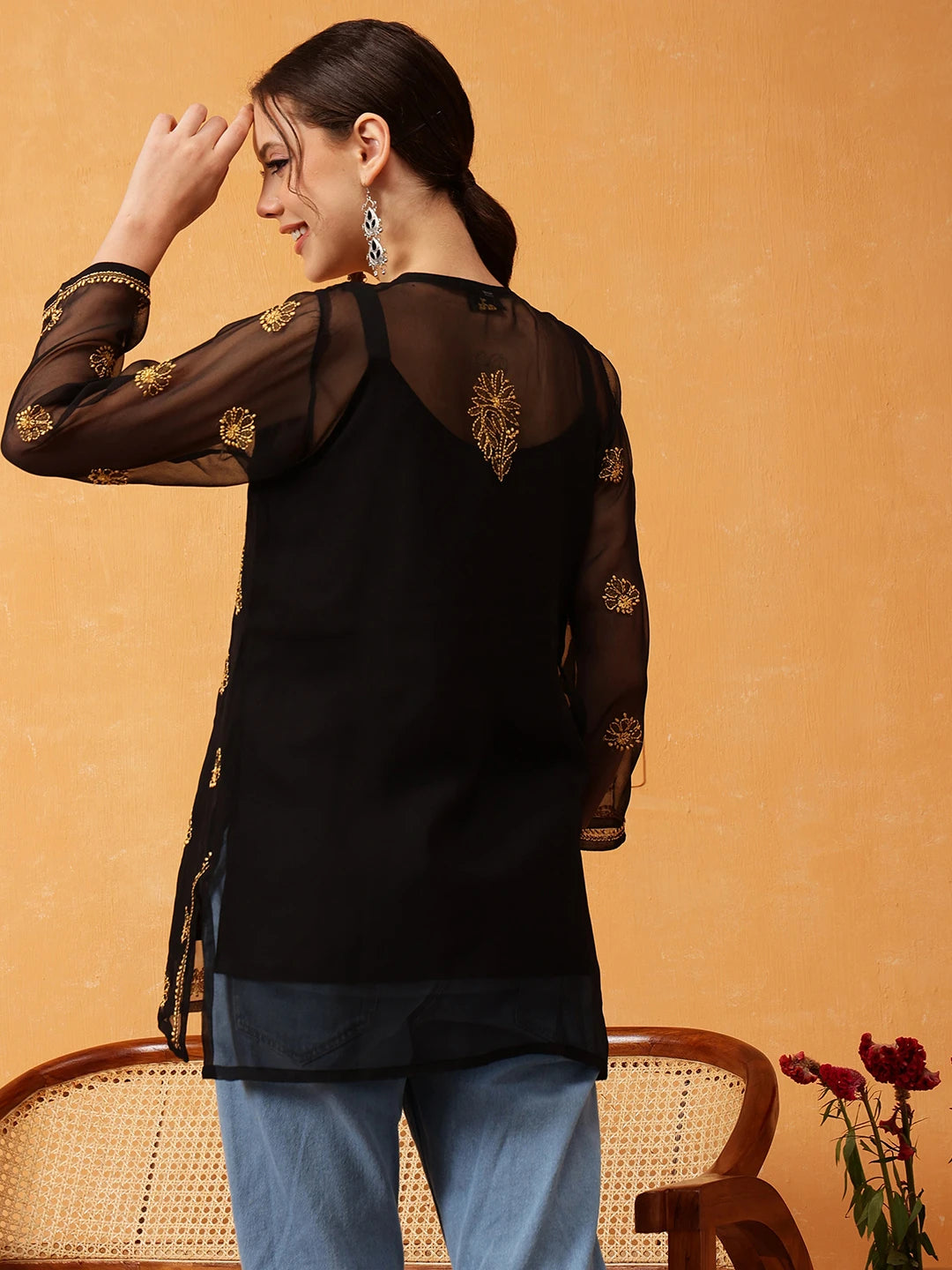 Ada Hand Embroidered Black & Golden Georgette Lucknowi Chikankari Short Kurti With Slip A911410