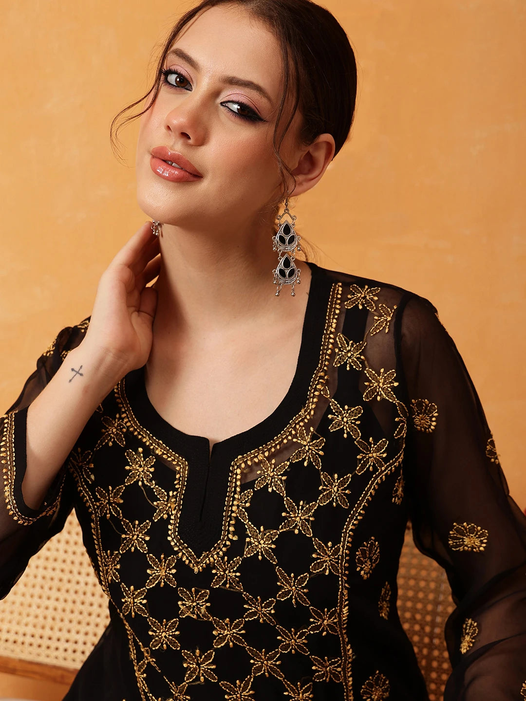 Ada Hand Embroidered Black & Golden Georgette Lucknowi Chikankari Short Kurti With Slip A911410