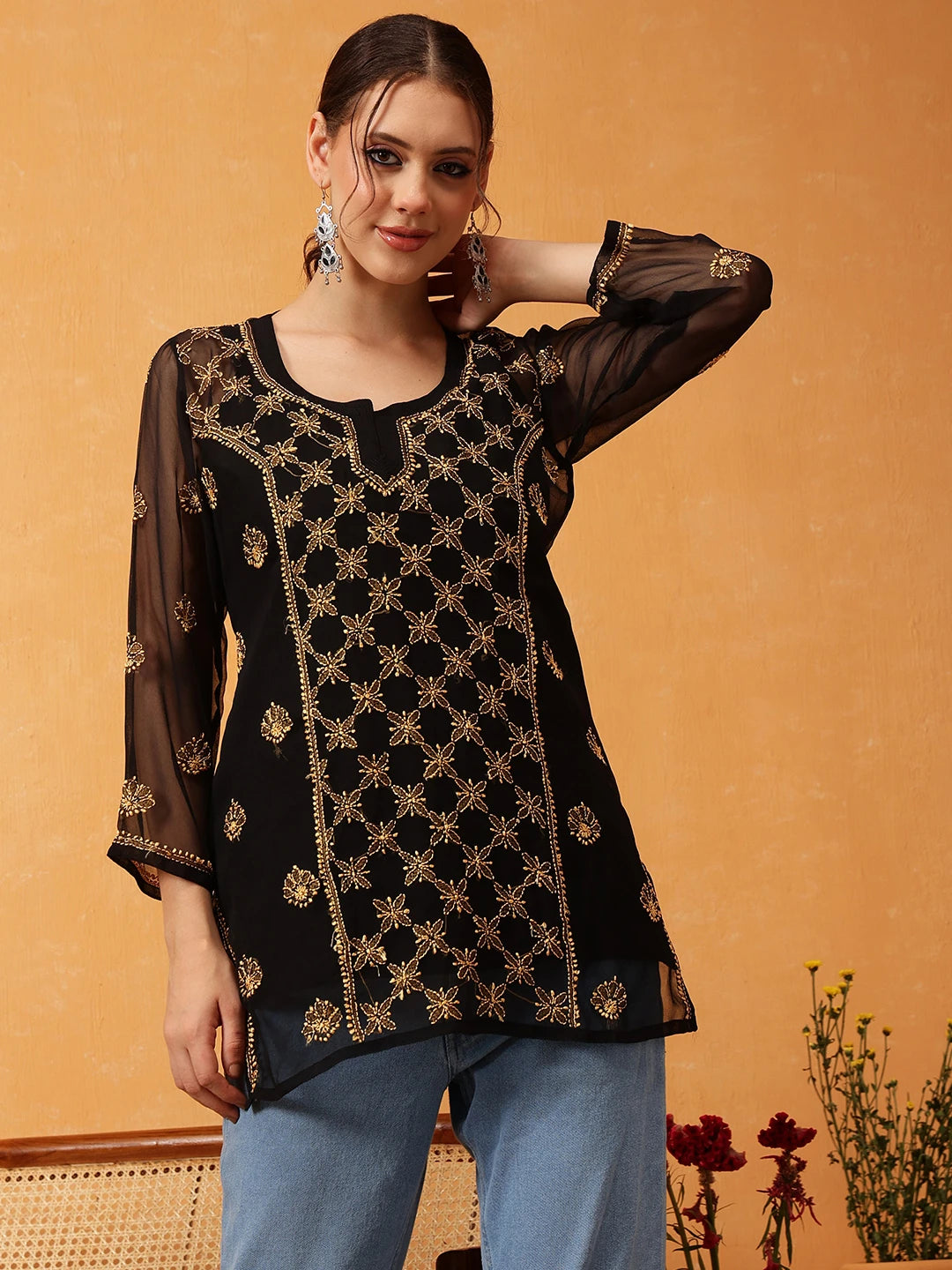 Ada Hand Embroidered Black & Golden Georgette Lucknowi Chikankari Short Kurti With Slip A911410