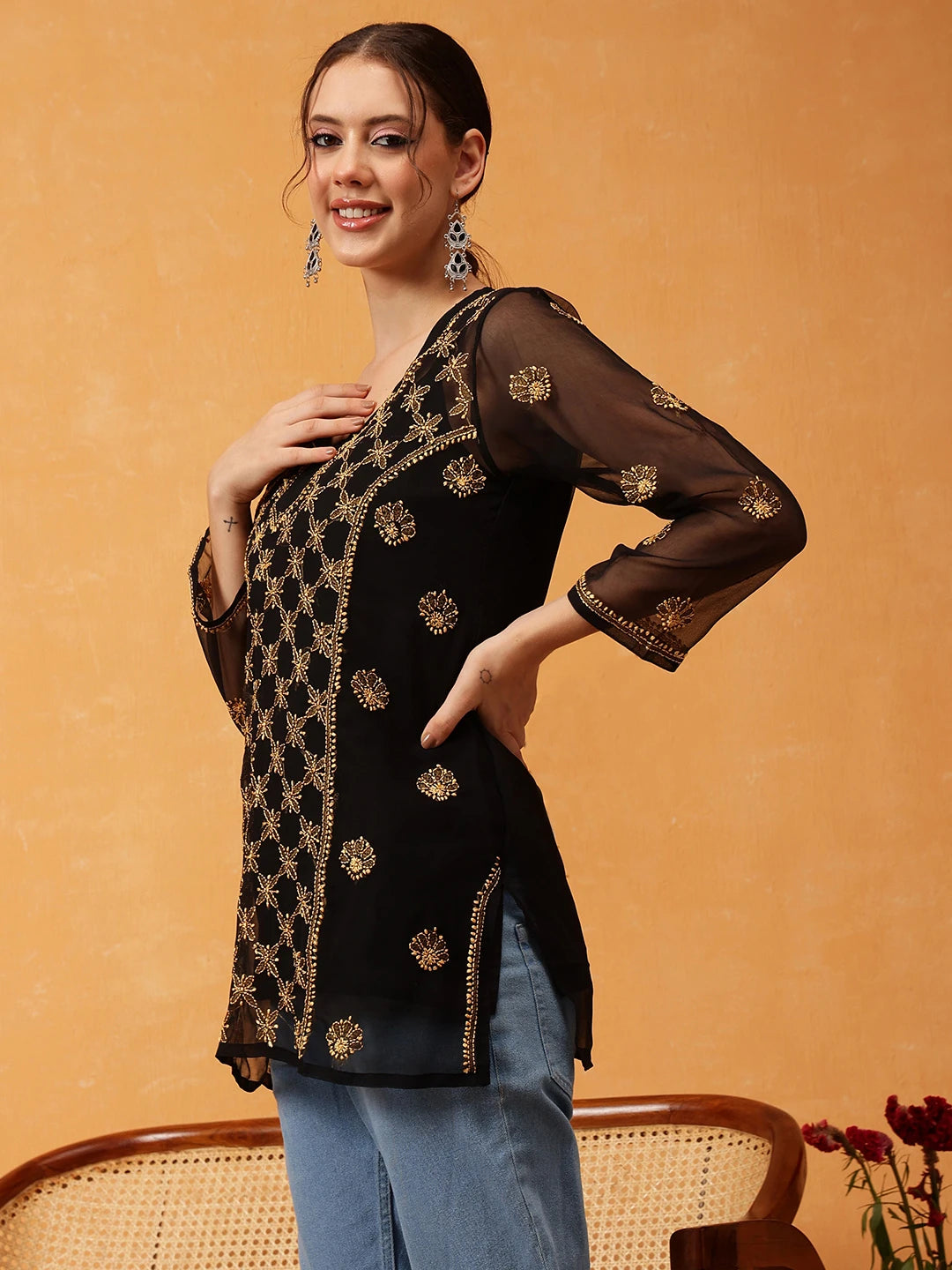 Ada Hand Embroidered Black & Golden Georgette Lucknowi Chikankari Short Kurti With Slip A911410
