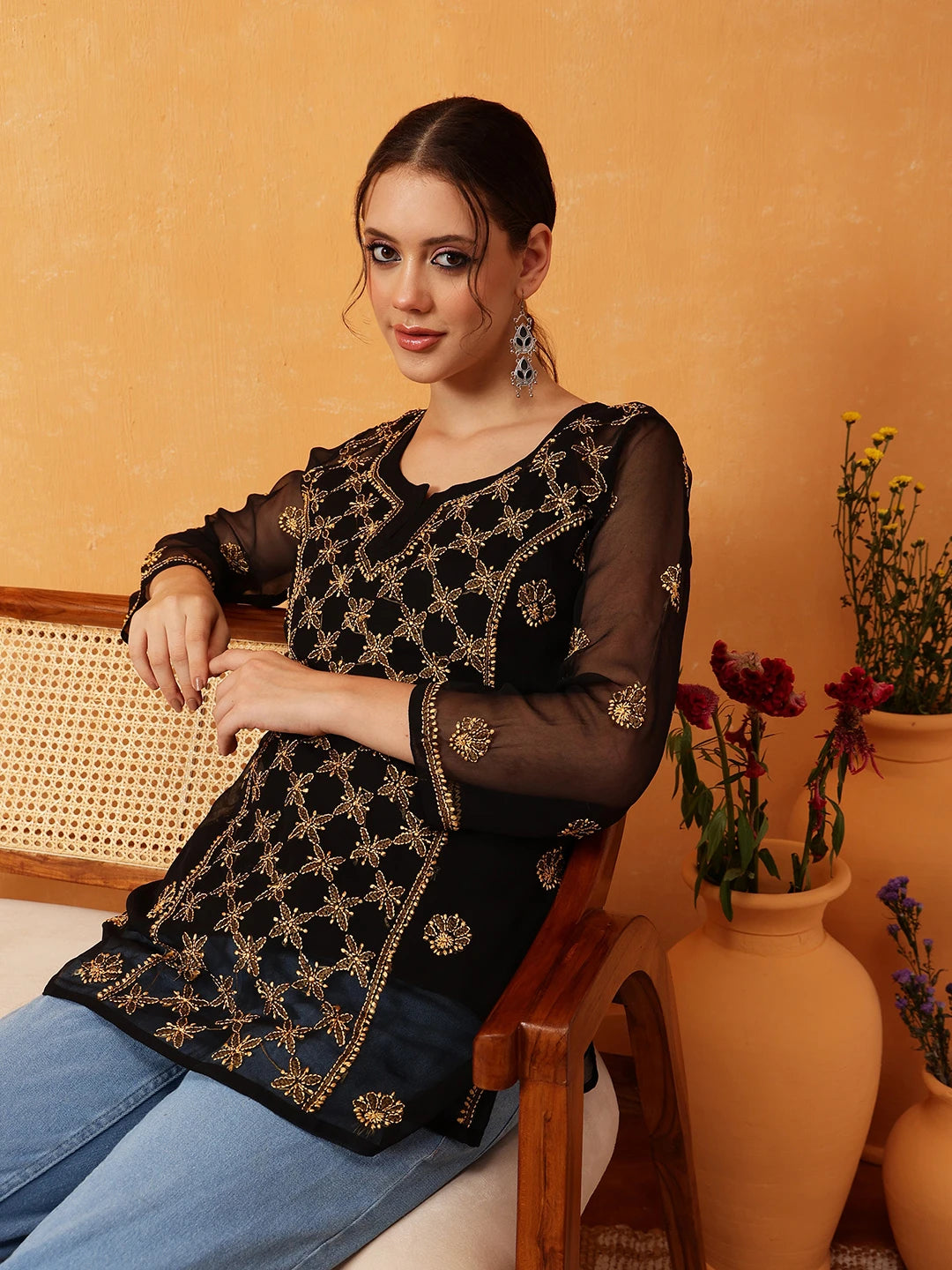 Ada Hand Embroidered Black & Golden Georgette Lucknowi Chikankari Short Kurti With Slip A911410