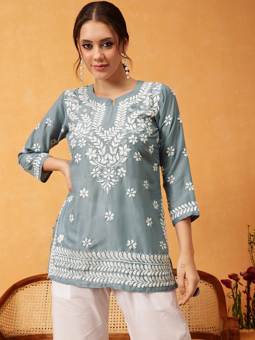 Ada Hand Embroidered Grey Muslin Lucknowi Chikankari Short Kurti A911427