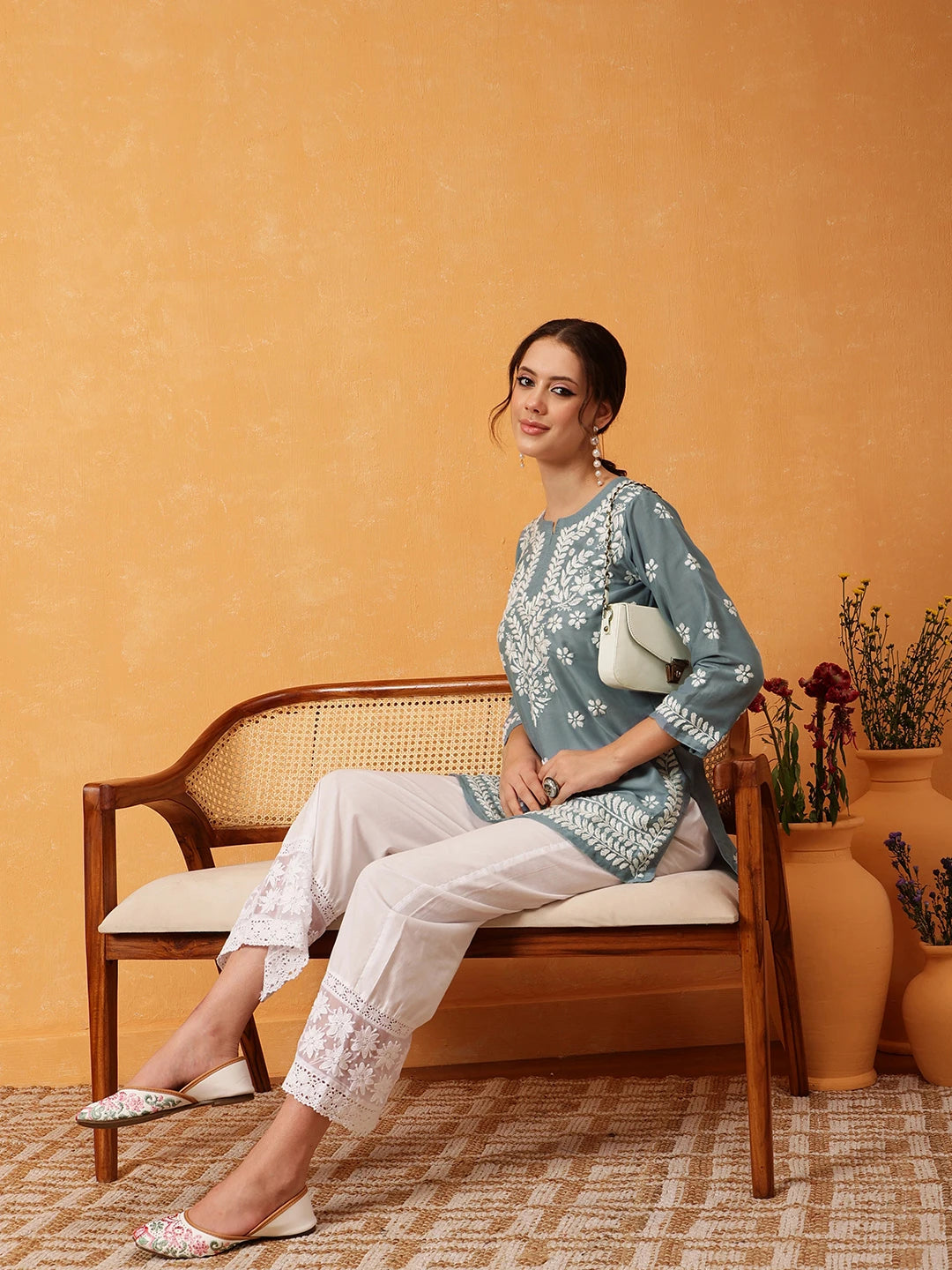 Ada Hand Embroidered Grey Muslin Lucknowi Chikankari Short Kurti A911427