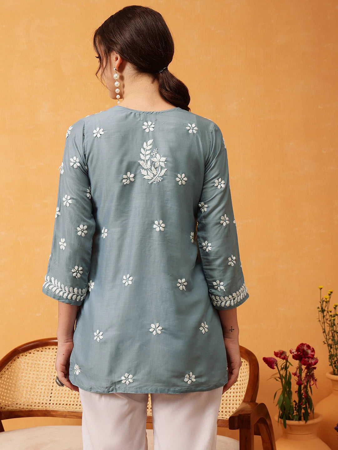Ada Hand Embroidered Grey Muslin Lucknowi Chikankari Short Kurti A911427