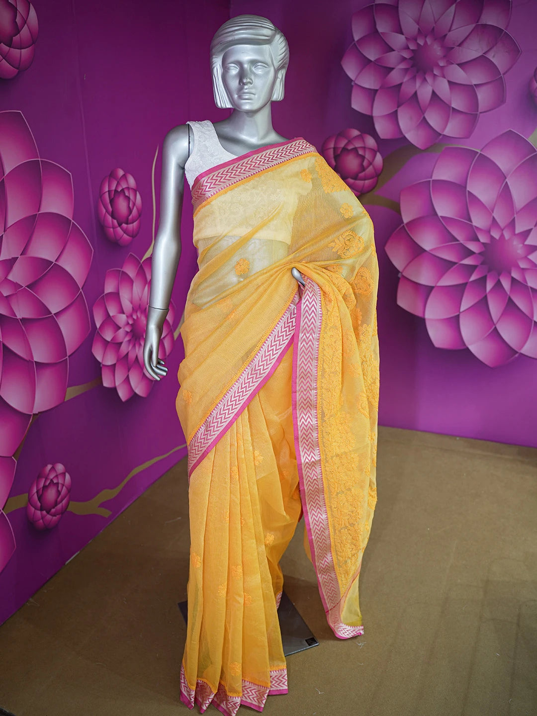 Ada Hand Embroidered Mustard Chanderi Lucknowi Chikankari Saree With Blouse 01A582201