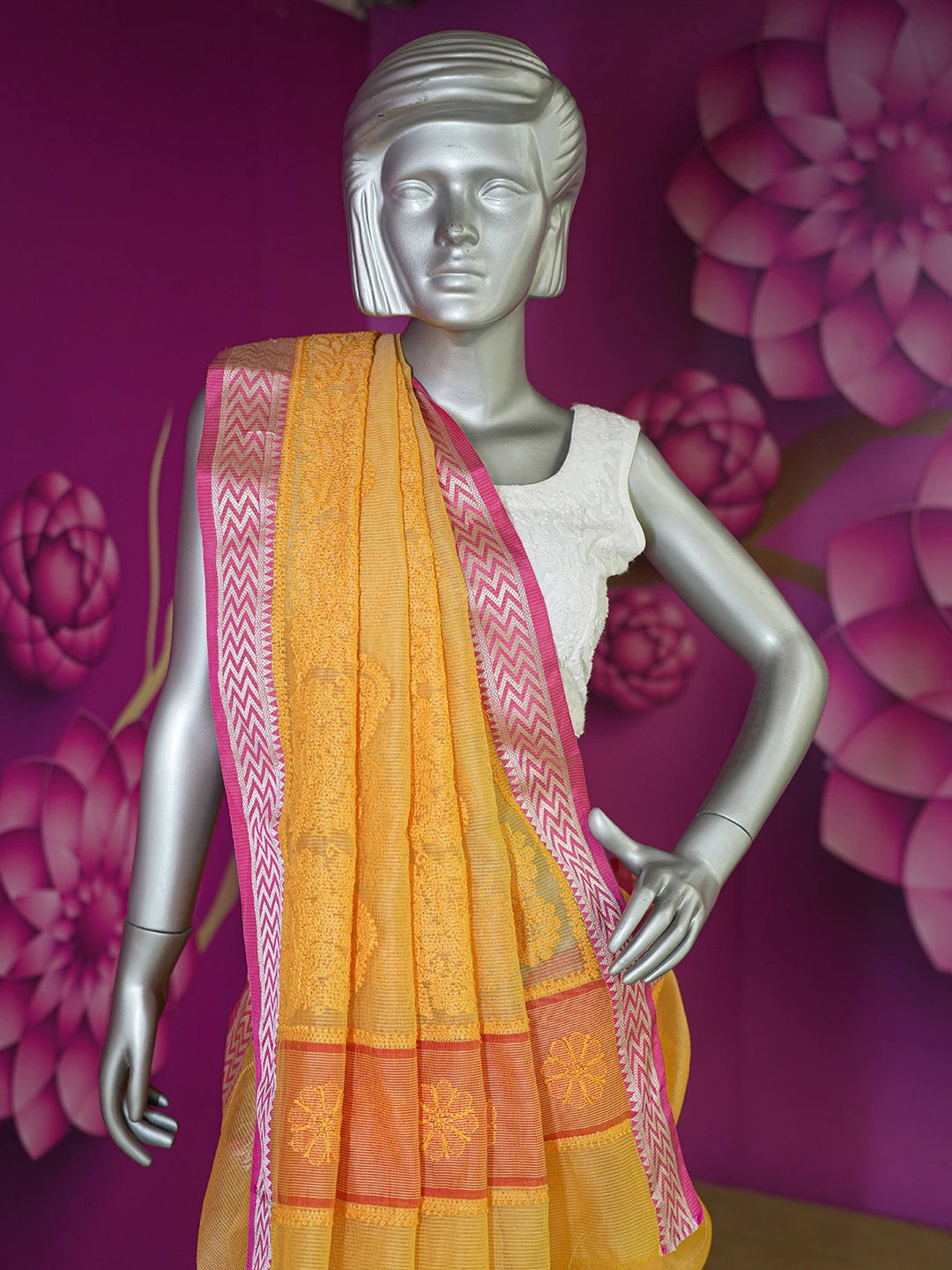Ada Hand Embroidered Mustard Chanderi Lucknowi Chikankari Saree With Blouse 01A582201