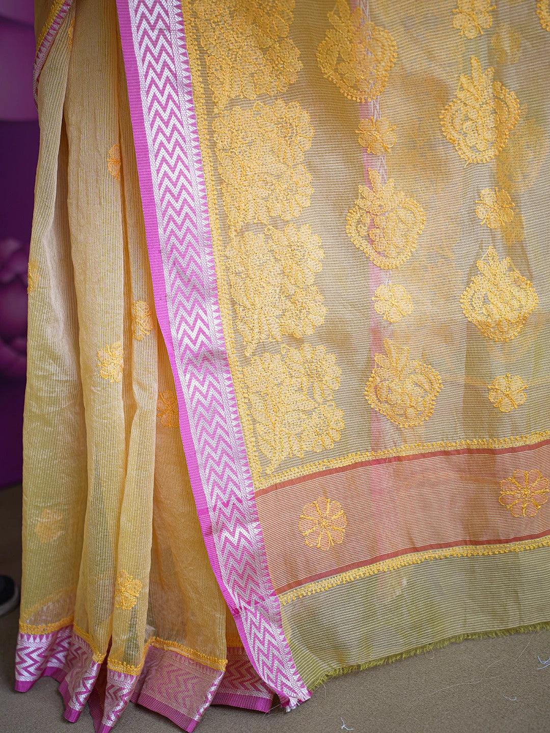 Ada Hand Embroidered Mustard Chanderi Lucknowi Chikankari Saree With Blouse 01A582201
