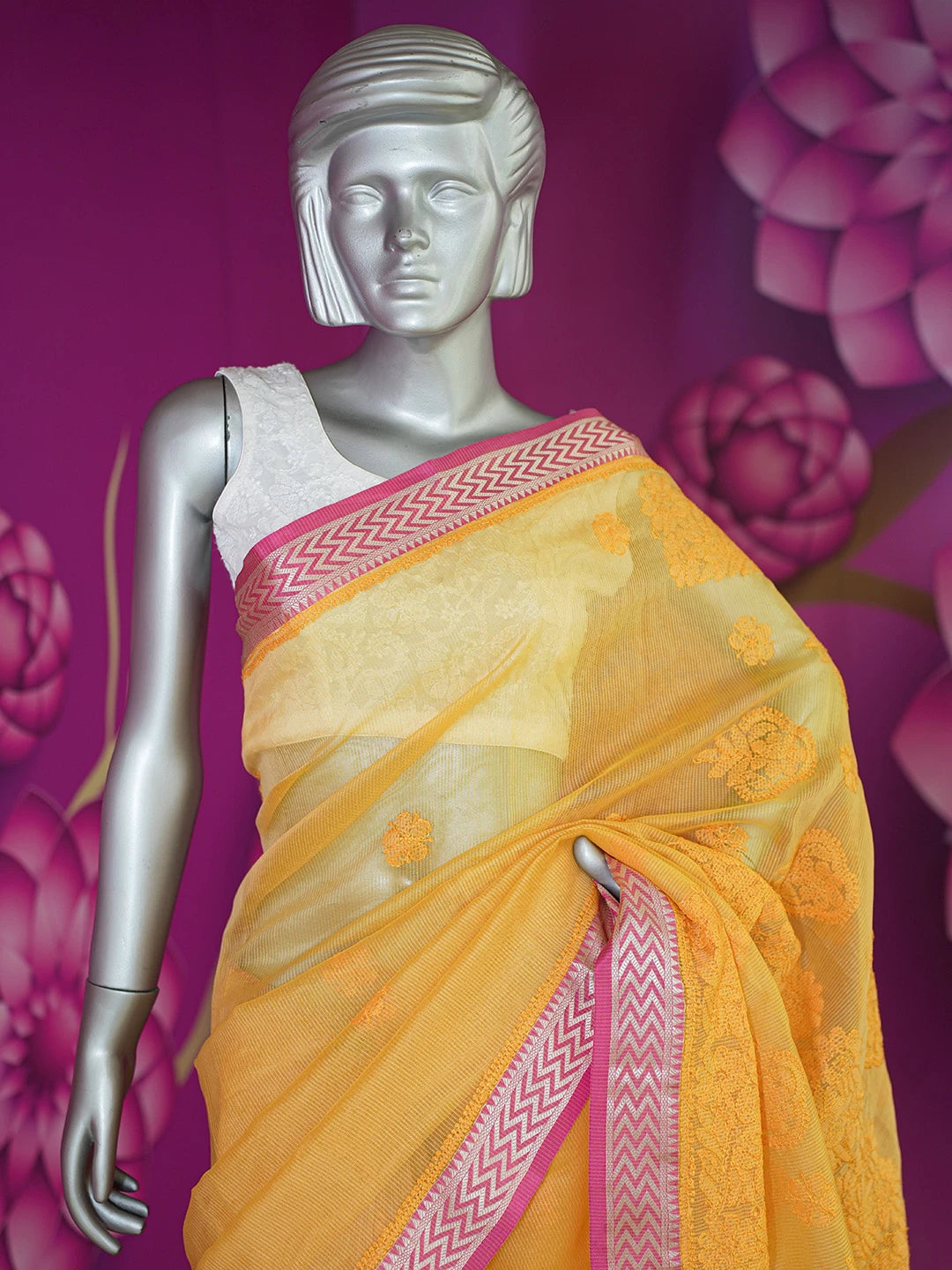Ada Hand Embroidered Mustard Chanderi Lucknowi Chikankari Saree With Blouse 01A582201