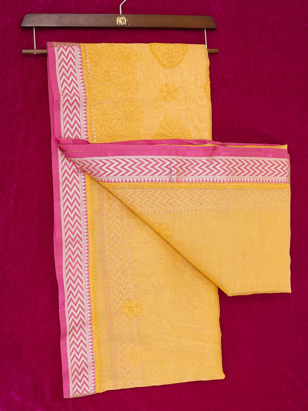 Ada Hand Embroidered Mustard Chanderi Lucknowi Chikankari Saree With Blouse 01A582201