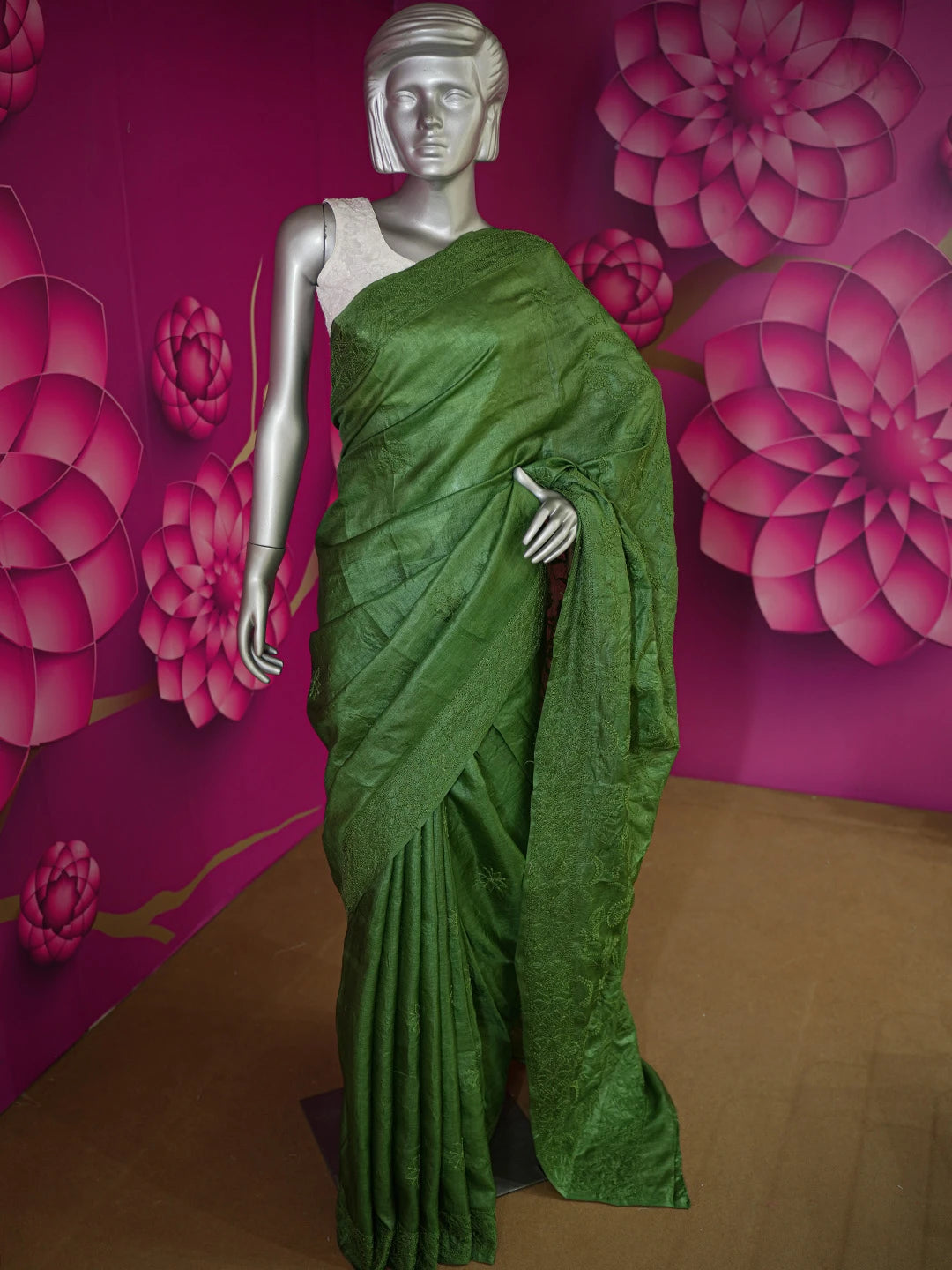 Ada Hand Embroidered Fern Green Silk Lucknowi Chikankari Saree with Blouse 01A619923