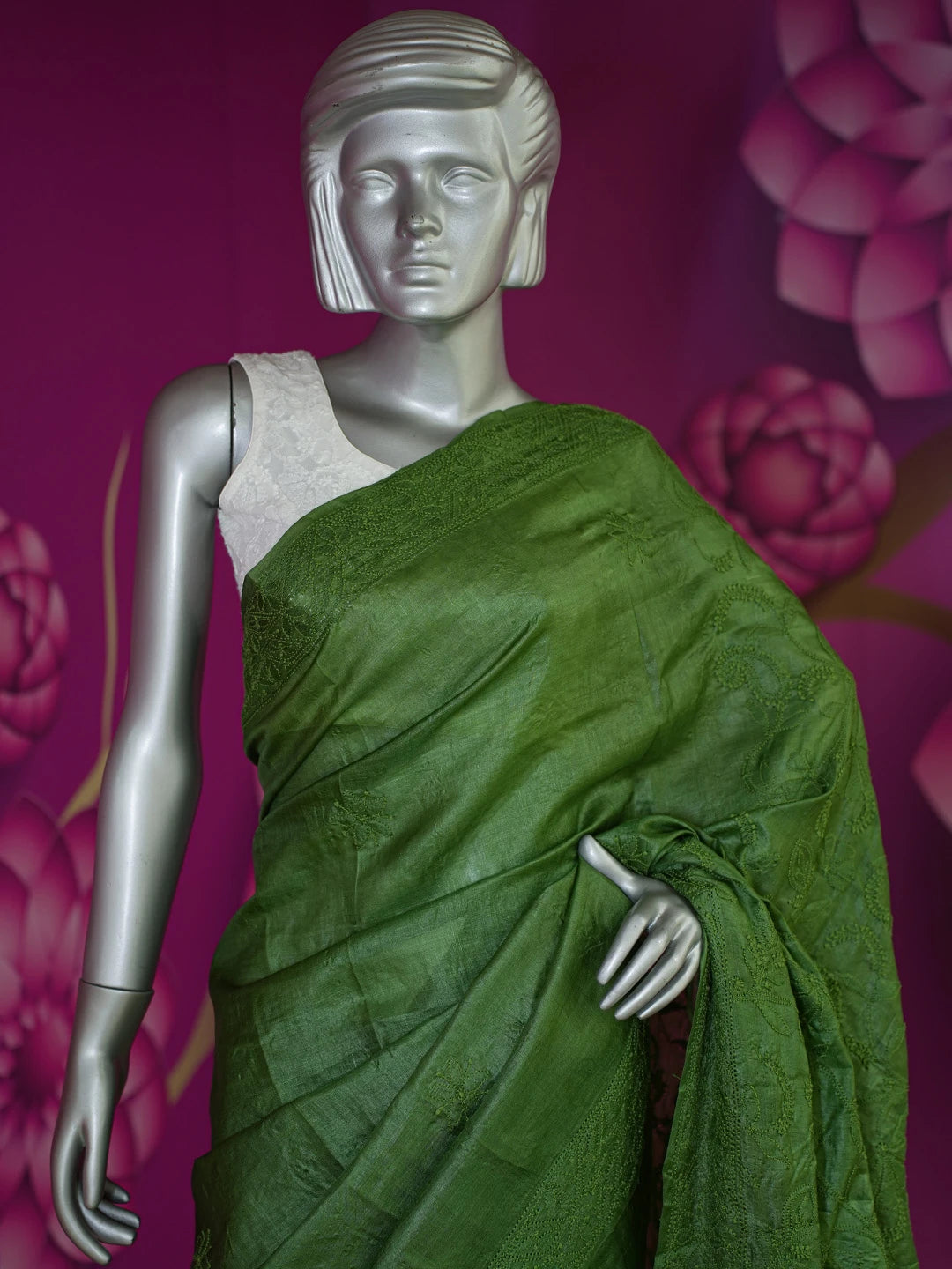 Ada Hand Embroidered Fern Green Silk Lucknowi Chikankari Saree with Blouse 01A619923
