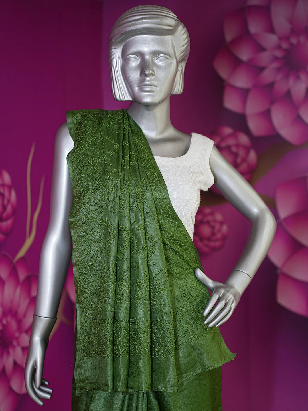 Ada Hand Embroidered Fern Green Silk Lucknowi Chikankari Saree with Blouse 01A619923