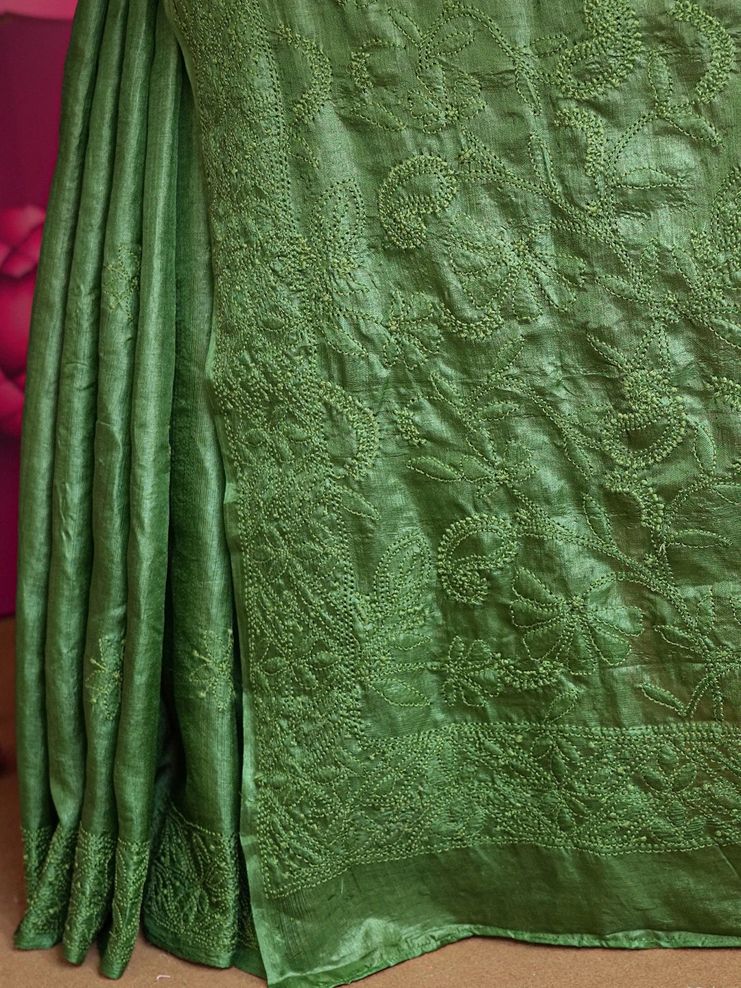 Ada Hand Embroidered Fern Green Silk Lucknowi Chikankari Saree with Blouse 01A619923