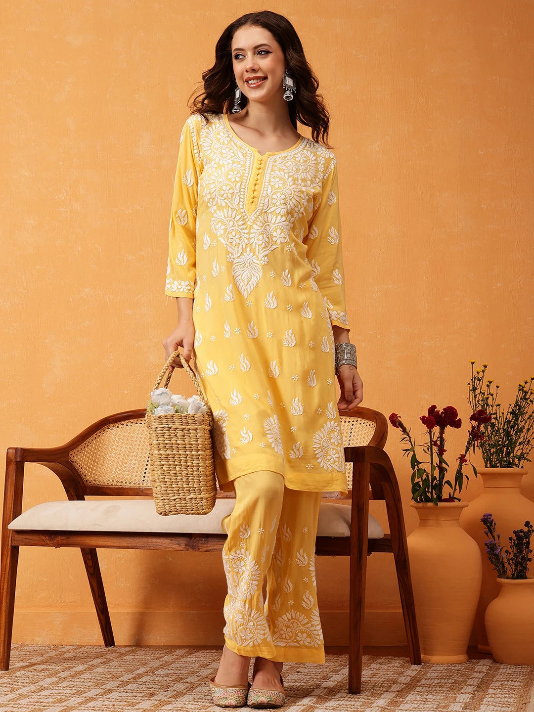 Ada Hand Embroidered Yellow Modal Lucknowi Chikankari Co-ord Set A811284