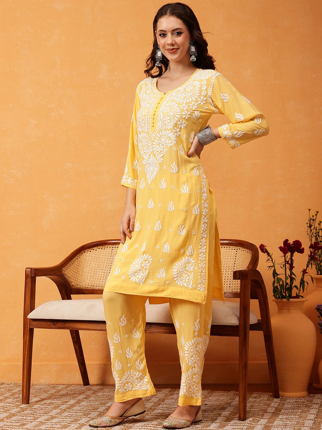 Ada Hand Embroidered Yellow Modal Lucknowi Chikankari Co-ord Set A811284