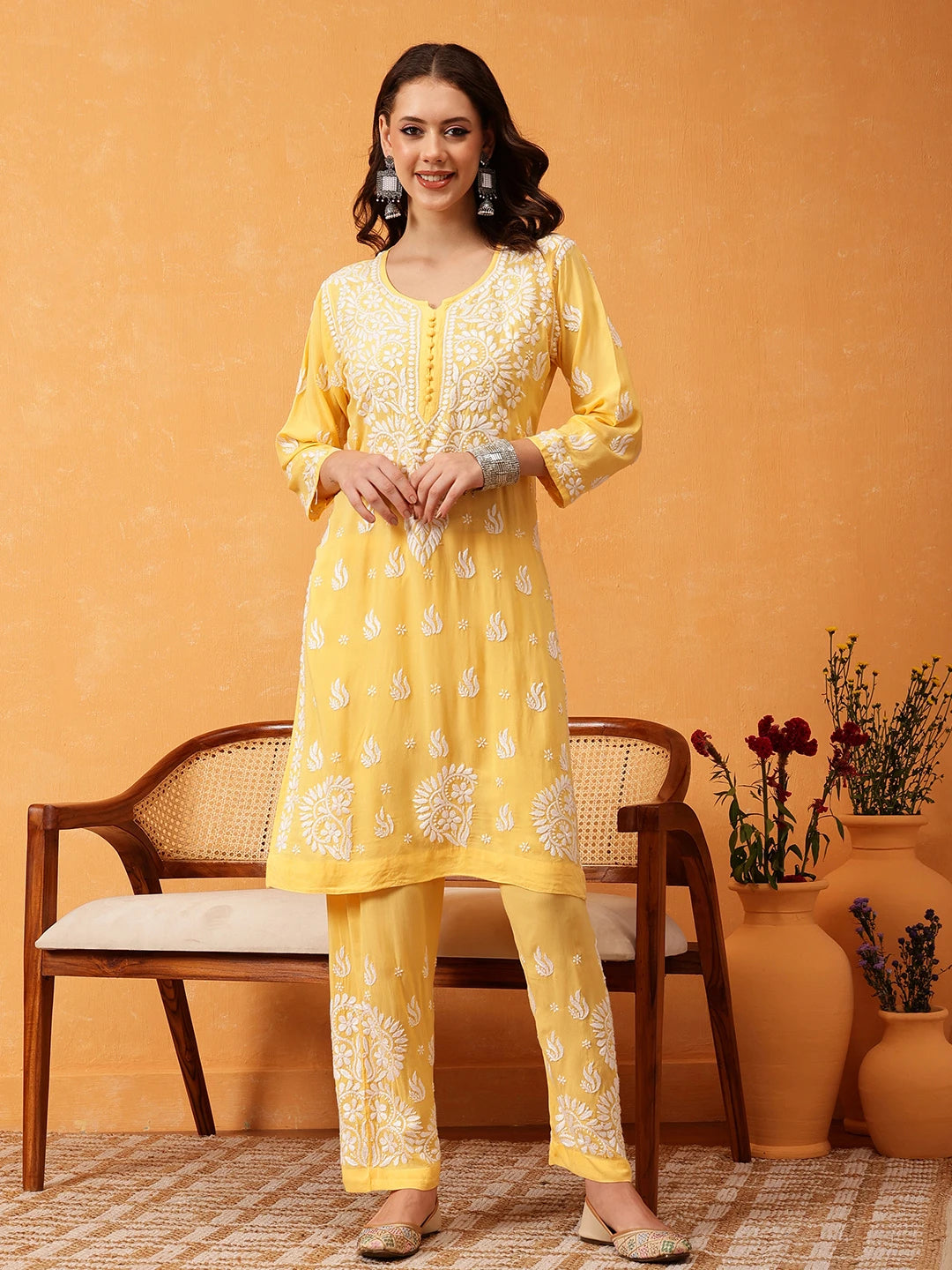 Ada Hand Embroidered Yellow Modal Lucknowi Chikankari Co-ord Set A811284