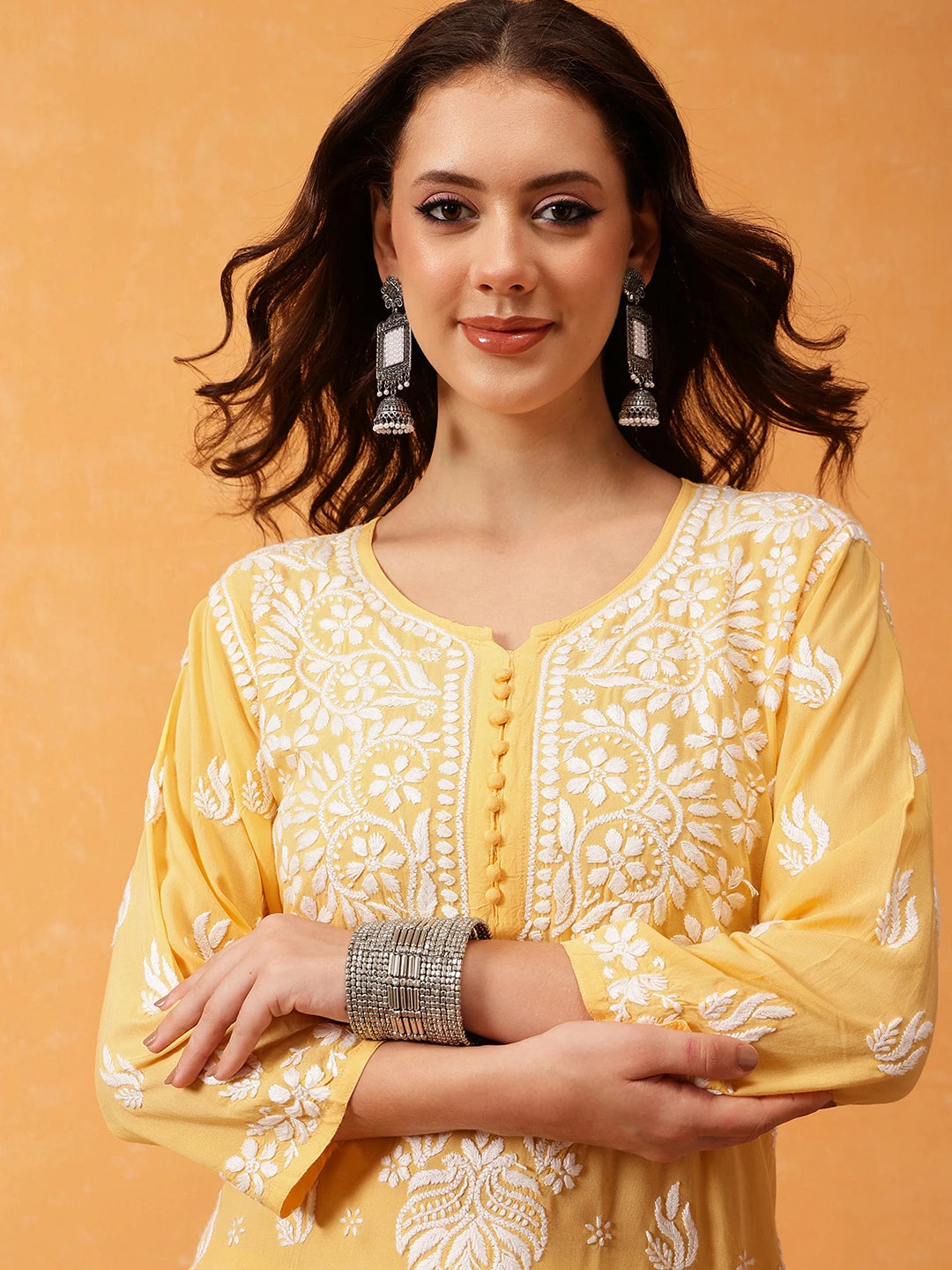 Ada Hand Embroidered Yellow Modal Lucknowi Chikankari Co-ord Set A811284