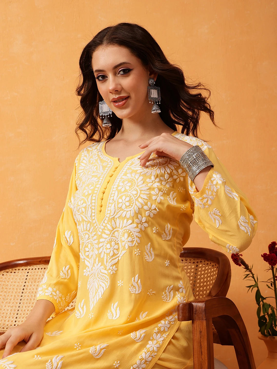Ada Hand Embroidered Yellow Modal Lucknowi Chikankari Co-ord Set A811284