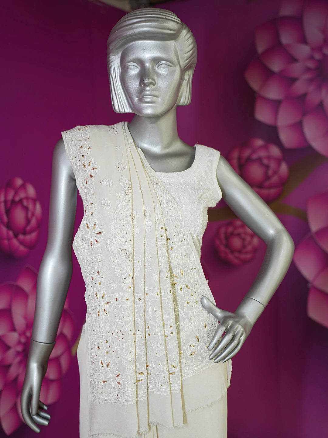 Ada Hand Embroidered White Eggshell Pure Georgette Lucknowi Chikankari Saree/Blouse With Muqaish Work 01A227958