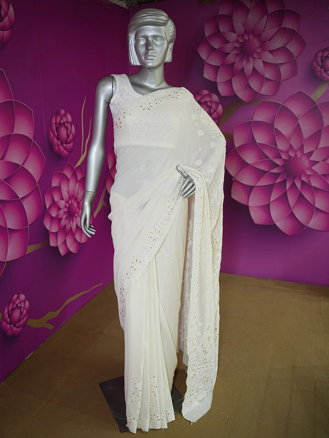 Ada Hand Embroidered White Eggshell Pure Georgette Lucknowi Chikankari Saree/Blouse With Muqaish Work 01A227958