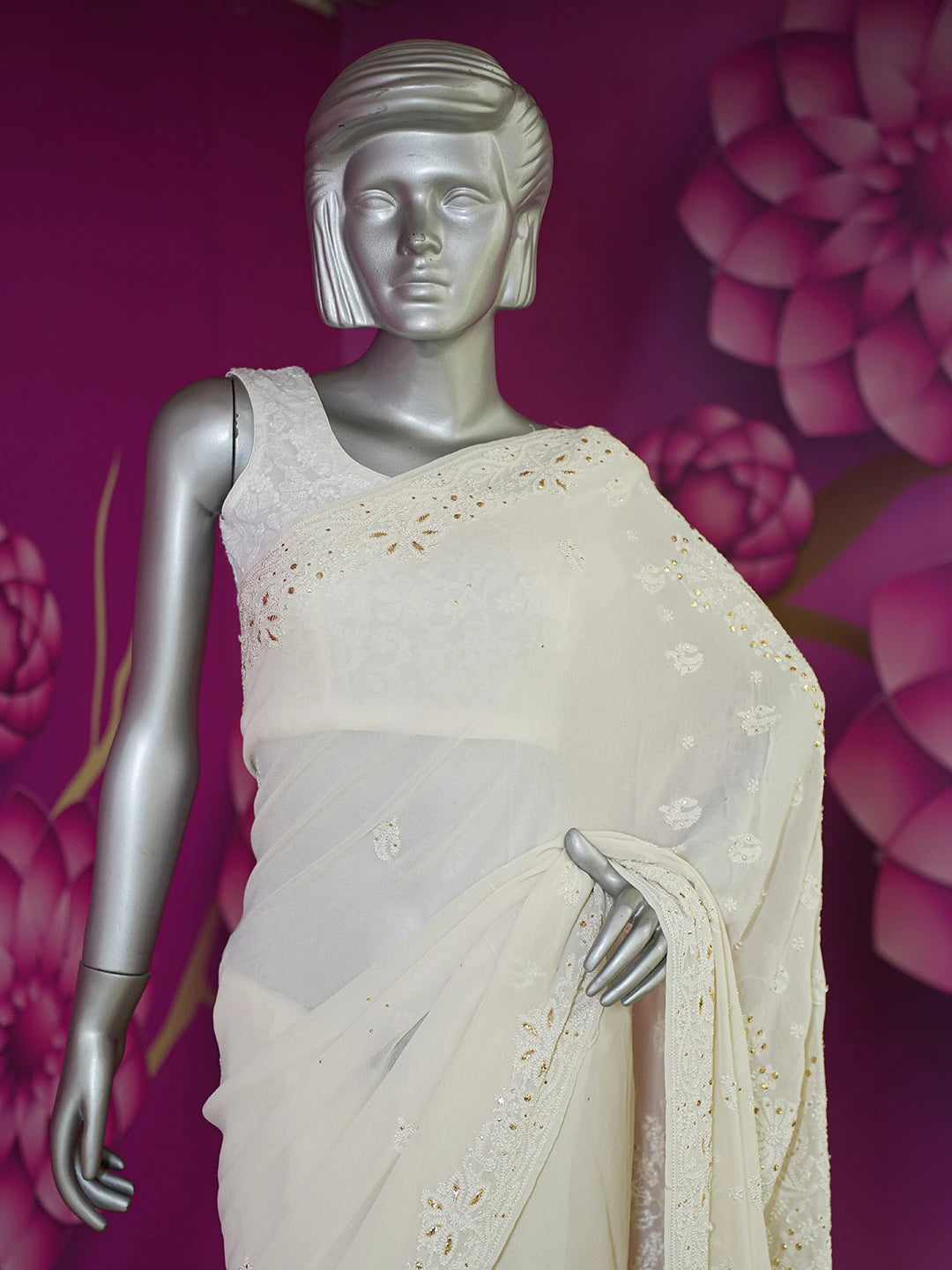 Ada Hand Embroidered White Eggshell Pure Georgette Lucknowi Chikankari Saree/Blouse With Muqaish Work 01A227958