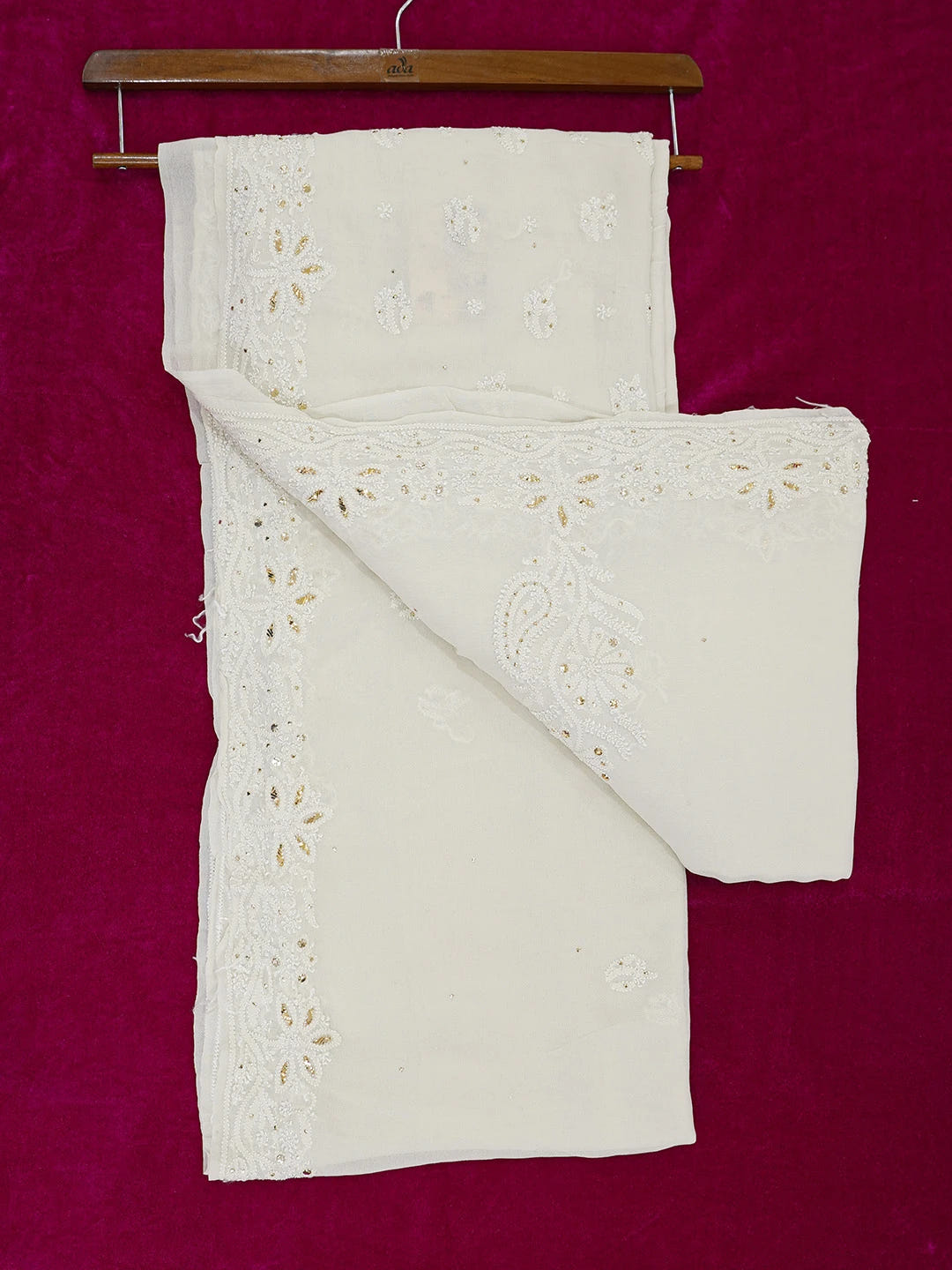 Ada Hand Embroidered White Eggshell Pure Georgette Lucknowi Chikankari Saree/Blouse With Muqaish Work 01A227958