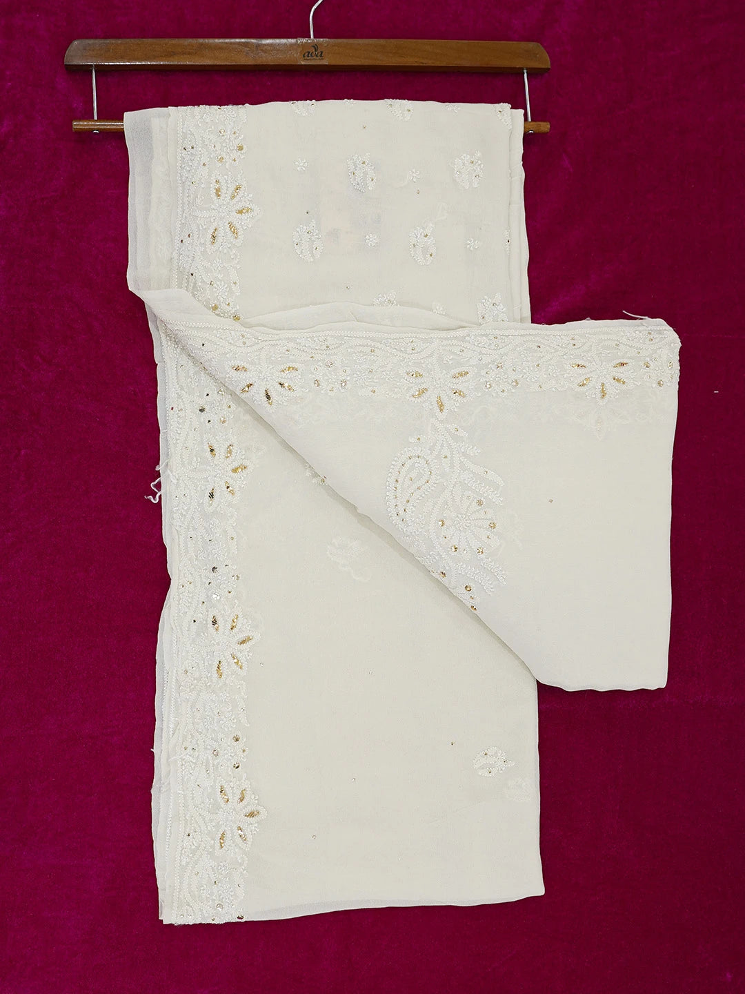 Ada Hand Embroidered White Eggshell Pure Georgette Lucknowi Chikankari Saree/Blouse With Muqaish Work 01A227958