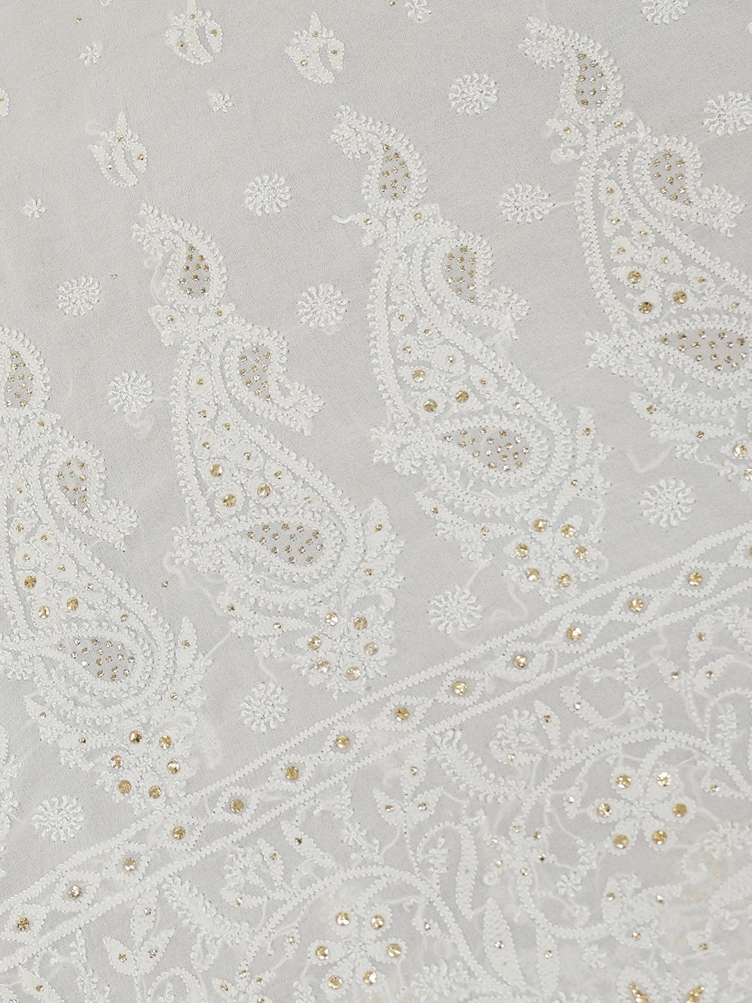 Ada Hand Embroidered White Eggshell Pure Georgette Lucknowi Chikankari Saree/Blouse With Muqaish Work 01A227958