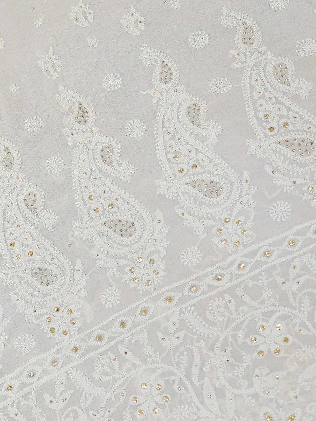 Ada Hand Embroidered White Eggshell Pure Georgette Lucknowi Chikankari Saree/Blouse With Muqaish Work 01A227958