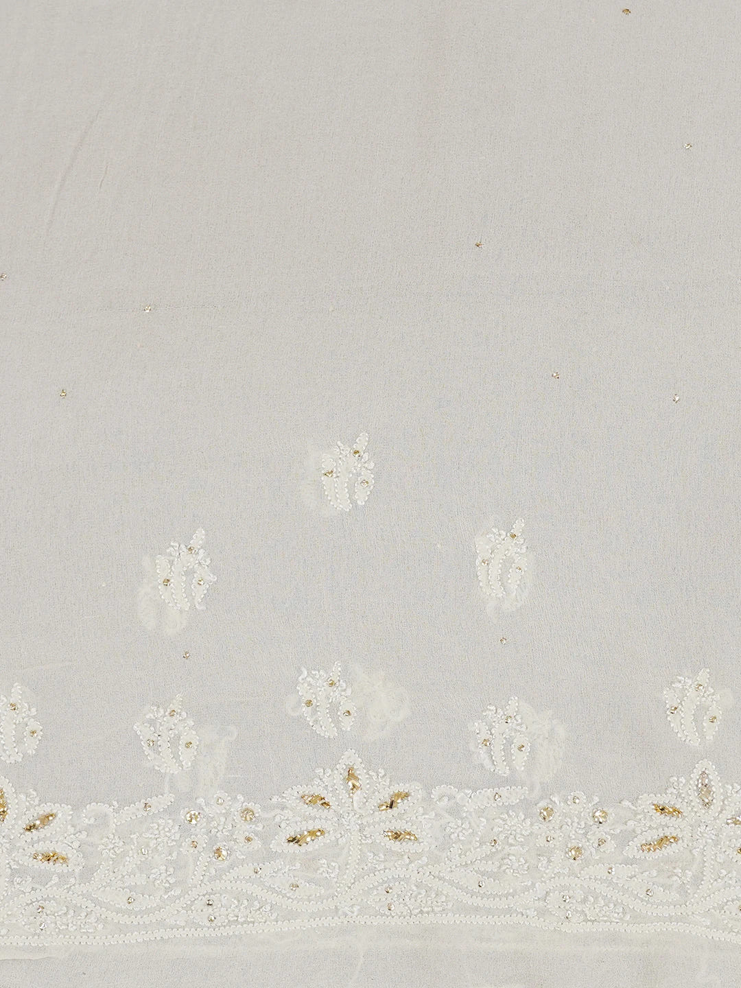 Ada Hand Embroidered White Eggshell Pure Georgette Lucknowi Chikankari Saree/Blouse With Muqaish Work 01A227958