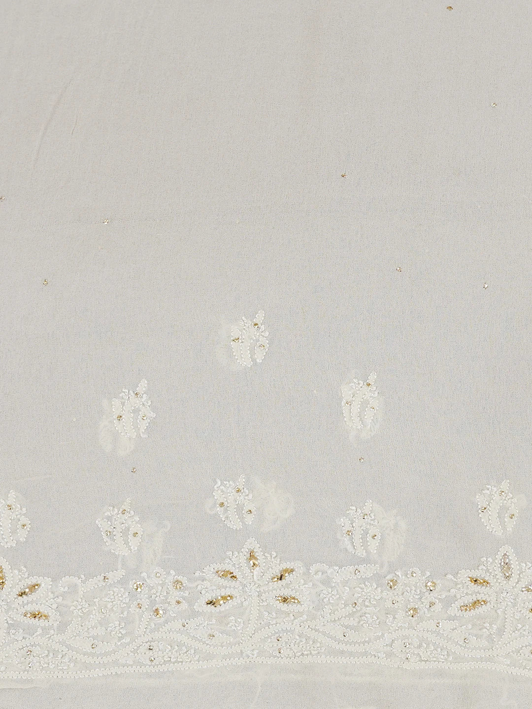 Ada Hand Embroidered White Eggshell Pure Georgette Lucknowi Chikankari Saree/Blouse With Muqaish Work 01A227958