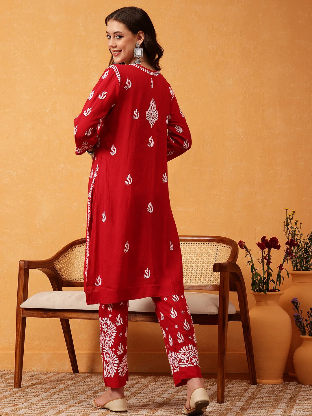 Ada Hand Embroidered Red Modal Lucknowi Chikankari Co-ord Set A811283