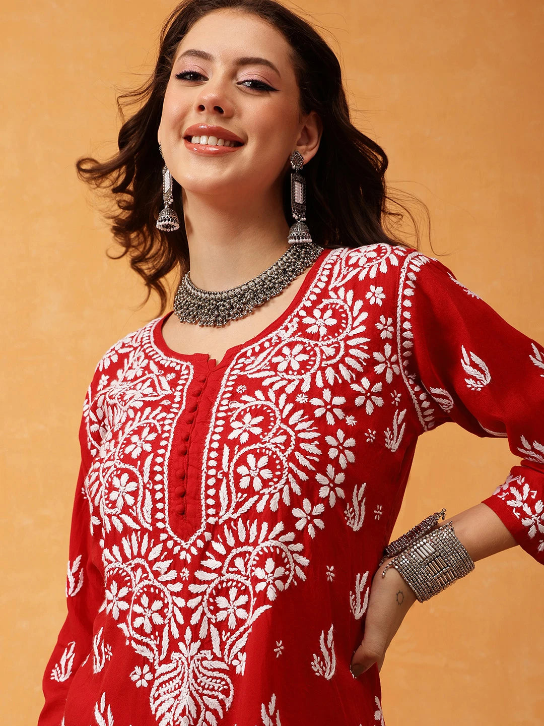 Ada Hand Embroidered Red Modal Lucknowi Chikankari Co-ord Set A811283